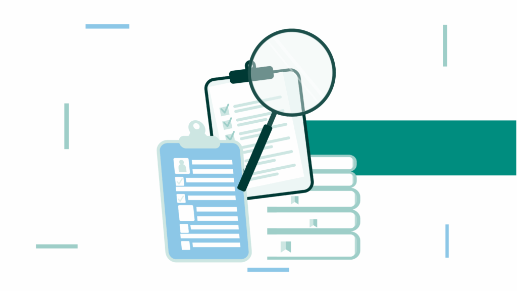 Illustration of tablets with clipboards, highlighting paperwork and magnifying glass. Represents data analysis, research, or documentation processing, emphasizing organization and scrutiny.