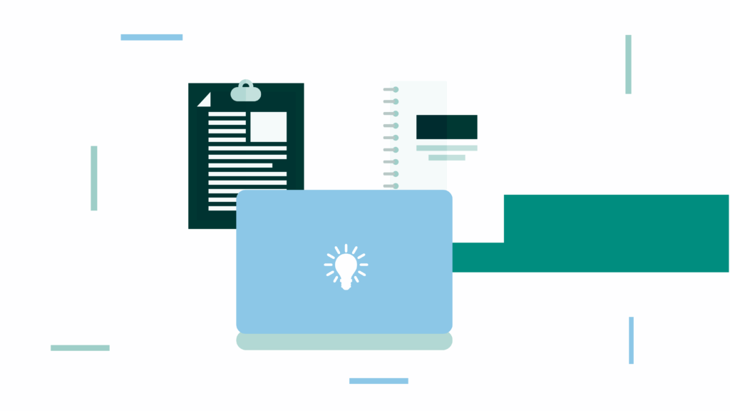 Illustration of a laptop with a light bulb icon, clipboard, and notepad, symbolizing ideas and organization. Minimalist, abstract design with blue and teal tones.