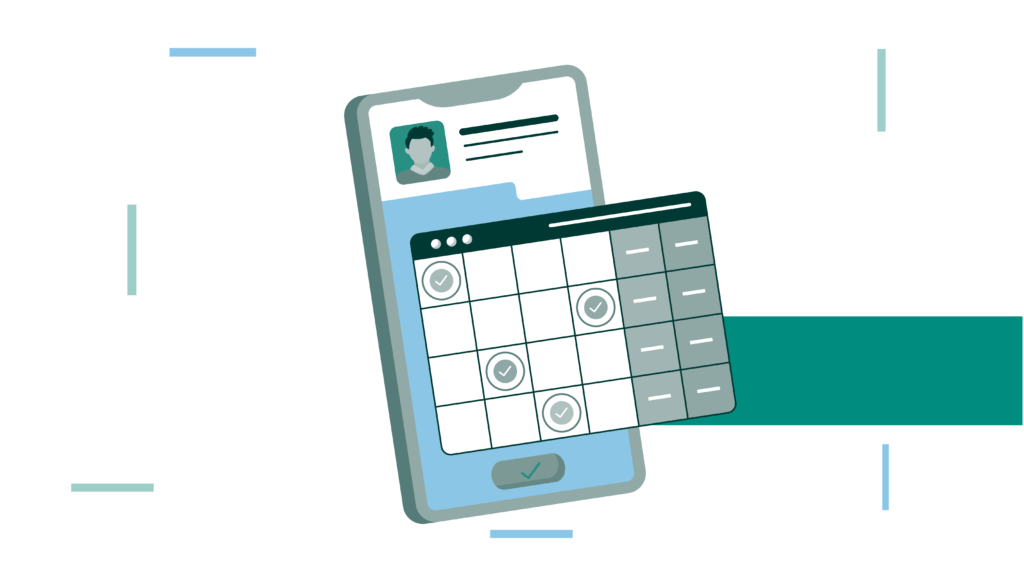 A digital illustration of a smartphone displaying a profile and a floating calendar with checkmarks. Modern design elements surround the composition.