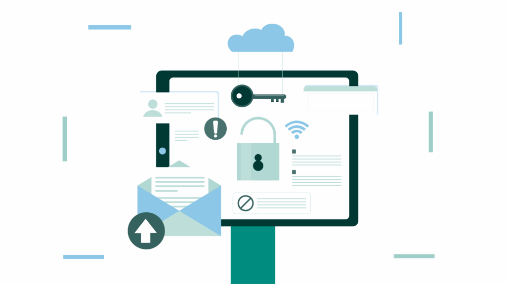 A computer screen displays digital security icons: lock, key, cloud, email, and Wi-Fi, symbolizing cybersecurity measures and data protection.