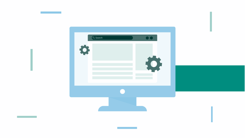 A computer monitor displaying a website interface with settings gears, symbolizing web development or troubleshooting. Abstract background design.