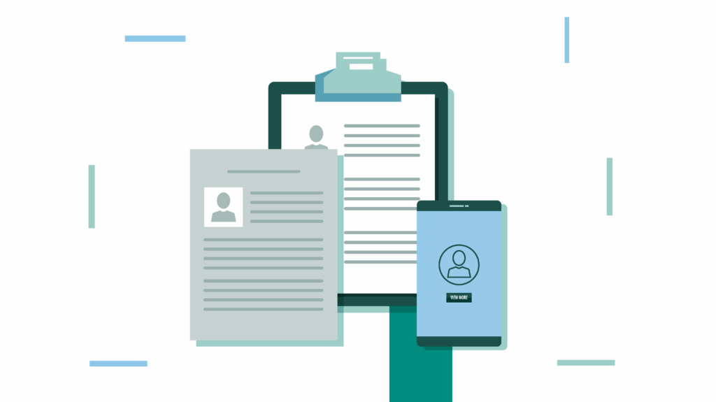 Illustration of a clipboard, document, and smartphone displaying profiles. Minimalist design with abstract lines in background, emphasizing digital identity and information management.