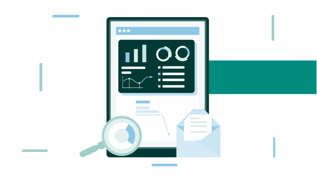 Tablet displaying analytics, featuring graphs and charts. Magnifying glass and envelope are nearby, symbolizing analysis and communication. Minimalist, teal-themed graphic design.