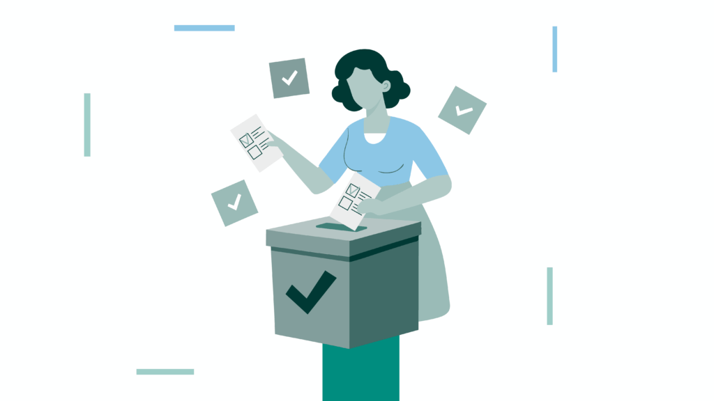 A person in blue casts a vote into a ballot box, surrounded by checkmarks on paper, symbolising democratic participation.