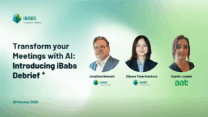 Three people are pictured with text promoting AI-enhanced meetings by iBabs, scheduled for 30 October 2025. Vibrant green and blue backdrop.