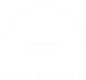 The image features a DNV management system certificate logo with ISO 9001 and ISO/IEC 27001 certification details displayed prominently.